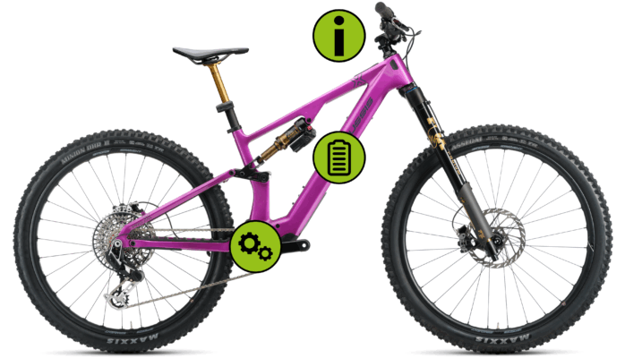 Detalle del modelo Crussis e-Full 12.11-Pro X con iconos señalando la batería, motor y display.