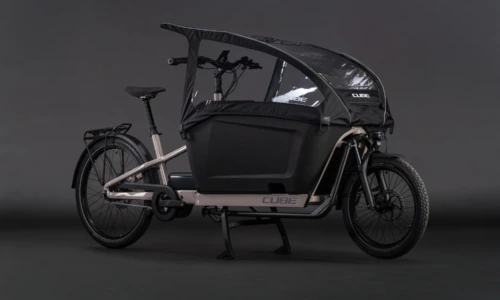 Bicicleta eléctrica Cube Cargo Hybrid Comfort Pro Family 800 oatgrey´n´reflex – vista frontal | Ebike.es