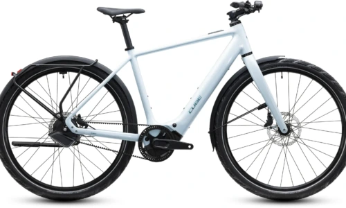 Bicicleta eléctrica Cube Editor Hybrid SLT 400X FE glacier´n´prizm Barra alta – vista lateral | Ebike.es