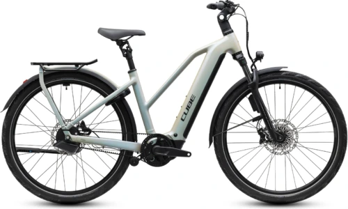 Bicicleta eléctrica Cube Kathmandu Hybrid Deluxe EXC 800 glintsand´n´black Cuadro semiabierto – vista lateral | Ebike.es