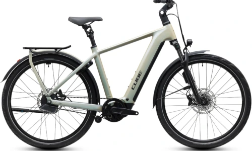 Bicicleta eléctrica Cube Kathmandu Hybrid Deluxe EXC 800 glintsand´n´black Barra alta – vista lateral | Ebike.es