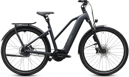 Bicicleta eléctrica Cube Kathmandu Hybrid Deluxe EXC 800 stealthgrey´n´grey Cuadro semiabierto – vista lateral | Ebike.es