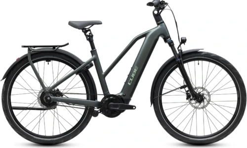 Bicicleta eléctrica Cube Kathmandu Hybrid Deluxe Pro 800 blackforest´n´chrome Cuadro semiabierto – vista lateral | Ebike.es