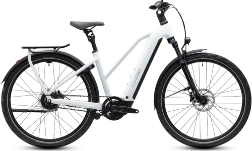 Bicicleta eléctrica Cube Kathmandu Hybrid Deluxe Pro 800 metallicwhite´n´chrome Cuadro semiabierto – vista lateral | Ebike.es