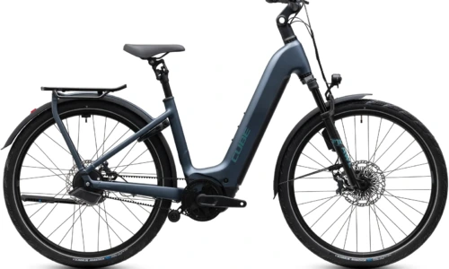 Bicicleta eléctrica Cube Kathmandu Hybrid Deluxe SLX 800 mineralblue´n´blue Cuadro abierto – vista lateral | Ebike.es
