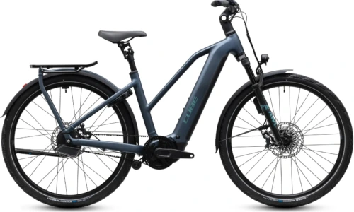 Bicicleta eléctrica Cube Kathmandu Hybrid Deluxe SLX 800 mineralblue´n´blue Cuadro semiabierto – vista lateral | Ebike.es