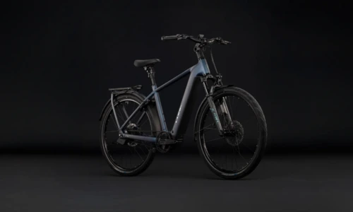 Bicicleta eléctrica Cube Kathmandu Hybrid Deluxe SLX 800 mineralblue´n´blue Barra alta – vista frontal | Ebike.es