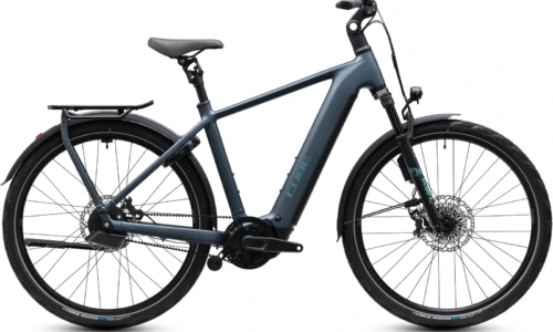 Bicicleta eléctrica Cube Kathmandu Hybrid Deluxe SLX 800 mineralblue´n´blue Barra alta – vista lateral | Ebike.es
