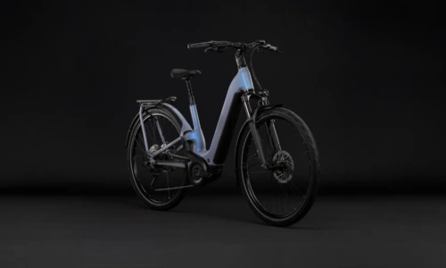 Bicicleta eléctrica Cube Kathmandu Hybrid ONE11 HPC Pro 800 hazeblue´n´blue Cuadro abierto – vista frontal | Ebike.es