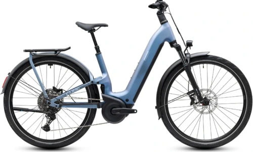 Bicicleta eléctrica Cube Kathmandu Hybrid ONE11 HPC Pro 800 hazeblue´n´blue Cuadro abierto – vista lateral | Ebike.es