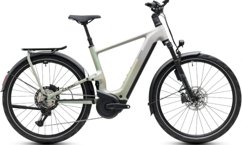 Bicicleta eléctrica Cube Kathmandu Hybrid ONE11 HPC SLT 800 glintsand´n´oatgrey Barra alta – vista lateral | Ebike.es