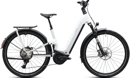Bicicleta eléctrica Cube Kathmandu Hybrid ONE11 HPC SLX 800 metallicwhite´n´prizm Cuadro abierto – vista lateral | Ebike.es