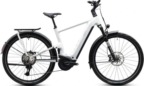 Bicicleta eléctrica Cube Kathmandu Hybrid ONE11 HPC SLX 800 metallicwhite´n´prizm Barra alta – vista lateral | Ebike.es