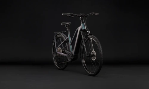 Bicicleta eléctrica Cube Kathmandu Hybrid Pro 800 smaragdgrey´n´black Cuadro semiabierto – vista frontal | Ebike.es