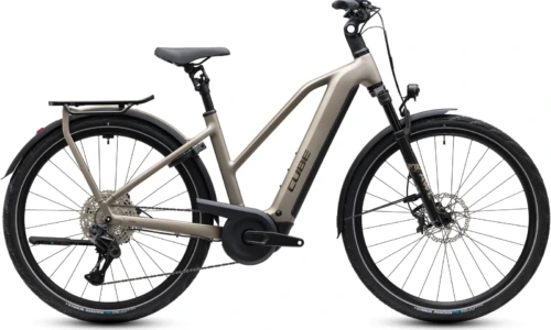 Bicicleta eléctrica Cube Kathmandu Hybrid SLX 800 flashstone´n´chrome Cuadro semiabierto – vista lateral | Ebike.es
