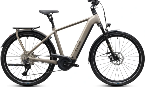 Bicicleta eléctrica Cube Kathmandu Hybrid SLX 800 flashstone´n´chrome Barra alta – vista lateral | Ebike.es