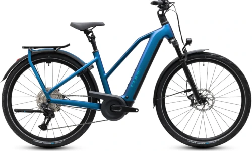 Bicicleta eléctrica Cube Kathmandu Hybrid SLX 800 nebula´n´prizm Cuadro semiabierto – vista lateral | Ebike.es