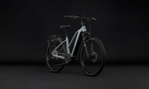 Bicicleta eléctrica Cube Nuride Hybrid EXC 800 seagrey´n´black Cuadro semiabierto – vista frontal | Ebike.es