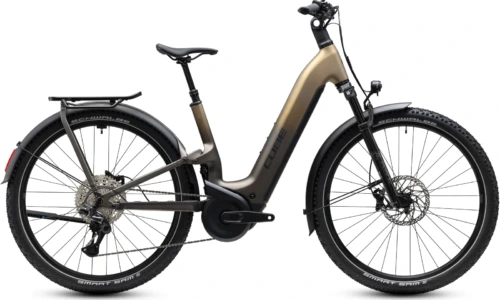 Bicicleta eléctrica Cube Nuride Hybrid ONE11 HPC SLX 800 goldenbrown´n´black Cuadro abierto – vista lateral | Ebike.es