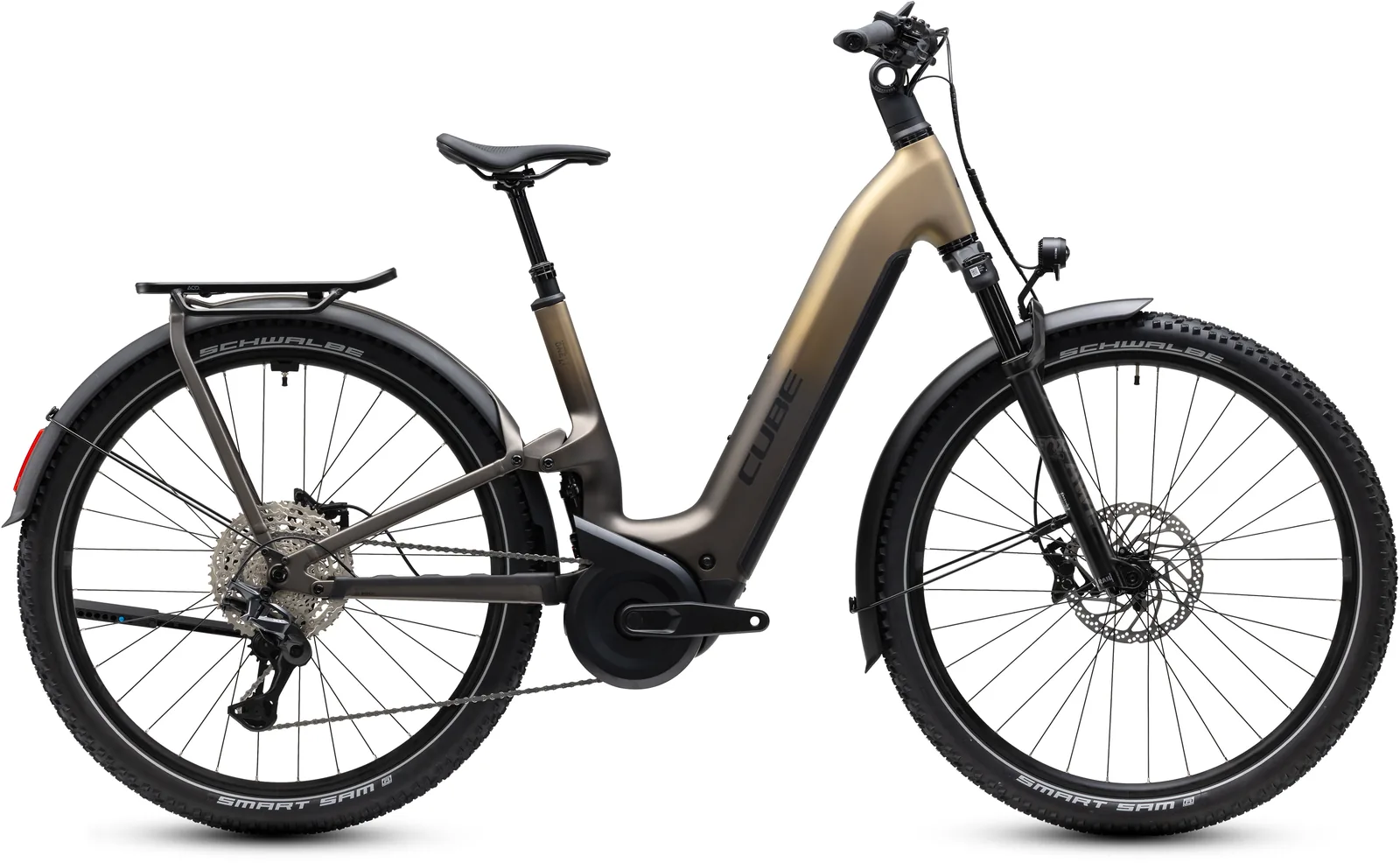 Cube Nuride Hybrid ONE11 HPC SLX 800 Wh goldenbrown´n´black – Bicicleta Eléctrica Trekking 2027 Cuadro abierto ebike.es Gran tienda de bicicletas eléctricas en España Bicicleta eléctrica Cube Nuride Hybrid ONE11 HPC SLX 800 goldenbrown´n´black Cuadro abierto – vista lateral | Ebike.es