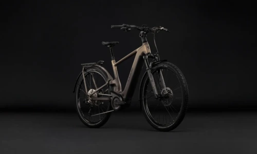 Bicicleta eléctrica Cube Nuride Hybrid ONE11 HPC SLX 800 goldenbrown´n´black Barra alta – vista frontal | Ebike.es