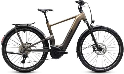 Bicicleta eléctrica Cube Nuride Hybrid ONE11 HPC SLX 800 goldenbrown´n´black Barra alta – vista lateral | Ebike.es