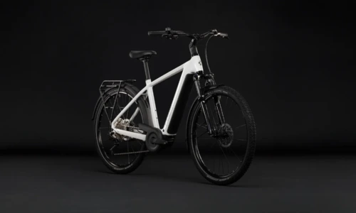 Bicicleta eléctrica Cube Nuride Hybrid Performance 720 metallicwhite´n´grey Barra alta – vista frontal | Ebike.es