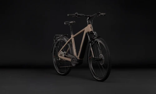 Bicicleta eléctrica Cube Nuride Hybrid Pro 800 cappuccino´n´black Barra alta – vista frontal | Ebike.es