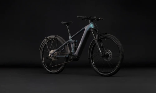 Bicicleta eléctrica Cube Stereo Hybrid ONE44 SLX 800 FE smaragdgrey´n´chrome – vista frontal | Ebike.es