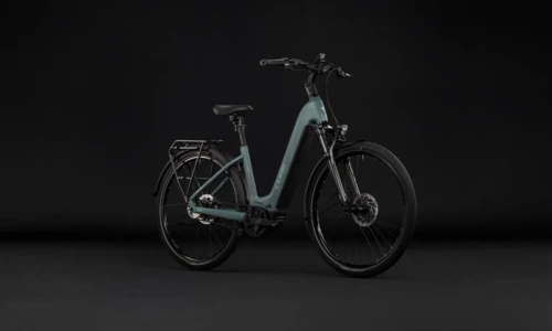 Bicicleta eléctrica Cube Touring Hybrid Deluxe SLX 800 greengranit´n´green Cuadro abierto – vista frontal | Ebike.es