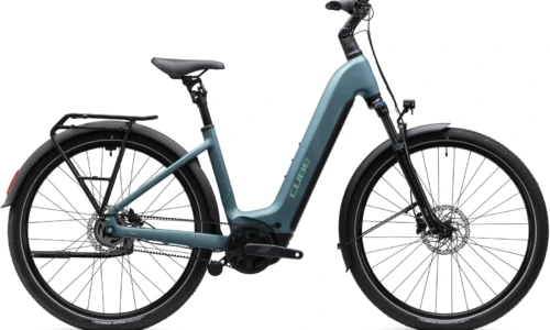 Bicicleta eléctrica Cube Touring Hybrid Deluxe SLX 800 greengranit´n´green Cuadro abierto – vista lateral | Ebike.es