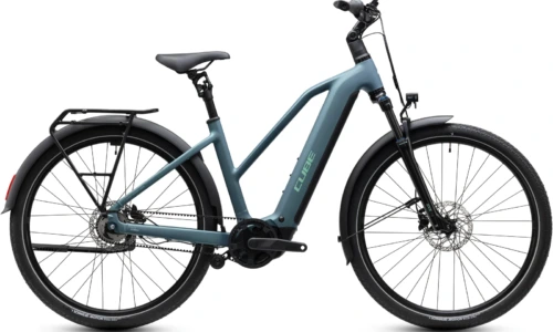Bicicleta eléctrica Cube Touring Hybrid Deluxe SLX 800 greengranit´n´green Cuadro semiabierto – vista lateral | Ebike.es