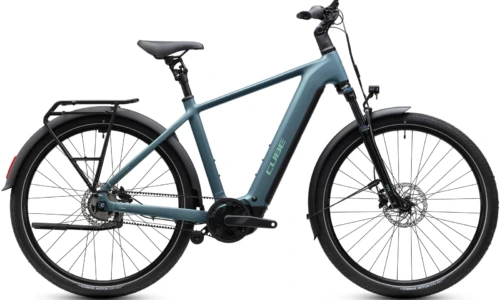 Bicicleta eléctrica Cube Touring Hybrid Deluxe SLX 800 greengranit´n´green Barra alta – vista lateral | Ebike.es