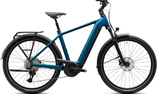 Bicicleta eléctrica Cube Touring Hybrid Pro 800 electricblue´n´prizm Barra alta – vista lateral | Ebike.es