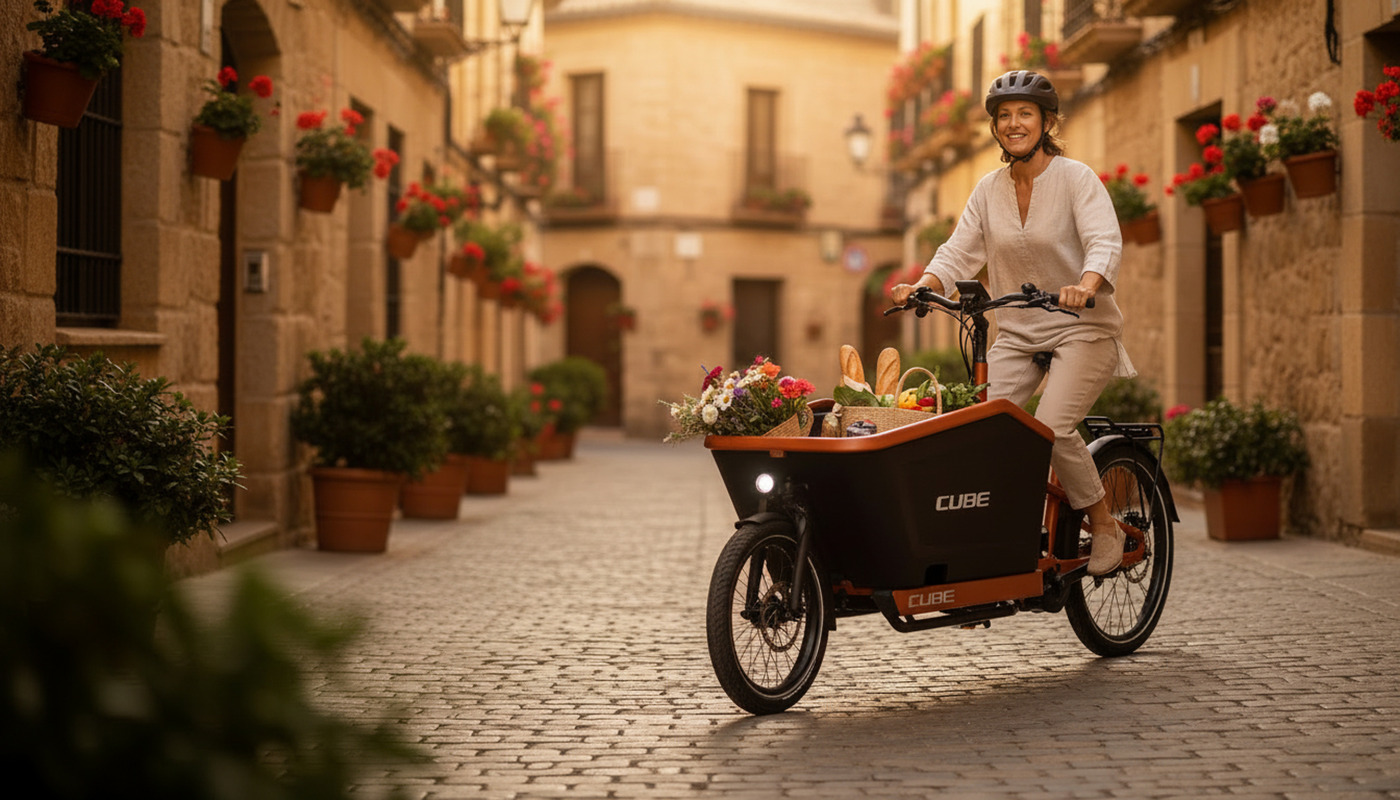 Mujer en bicicleta eléctrica de carga Cube Cargo por el casco antiguo