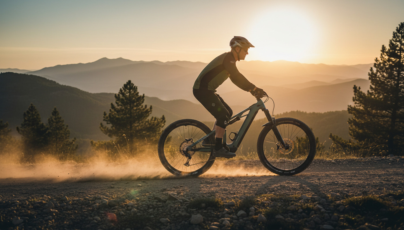 Ciclista en bicicleta eléctrica de doble suspensión Cube Stereo Hybrid al atardecer