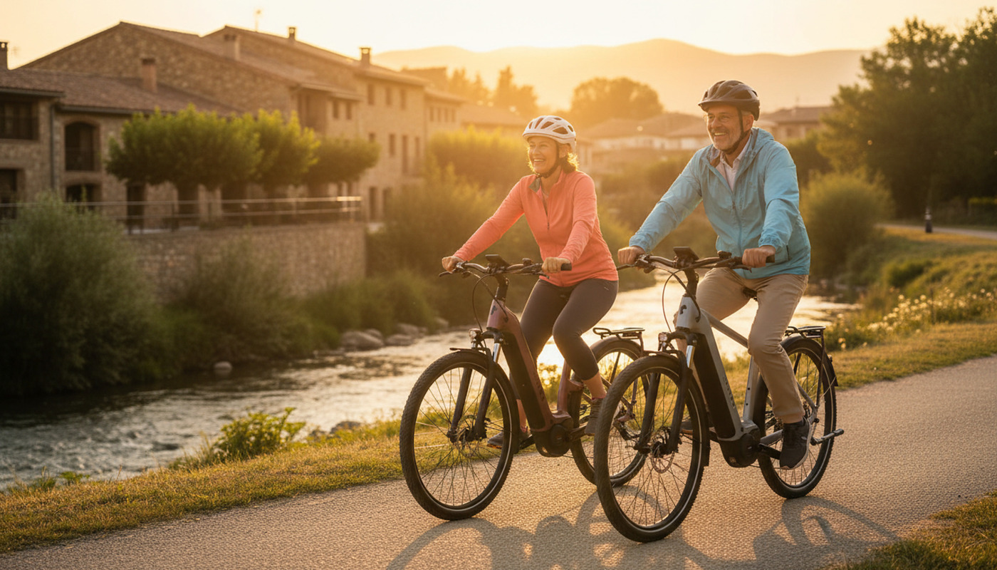 Pareja en bicicletas eléctricas de trekking Cube junto a un río